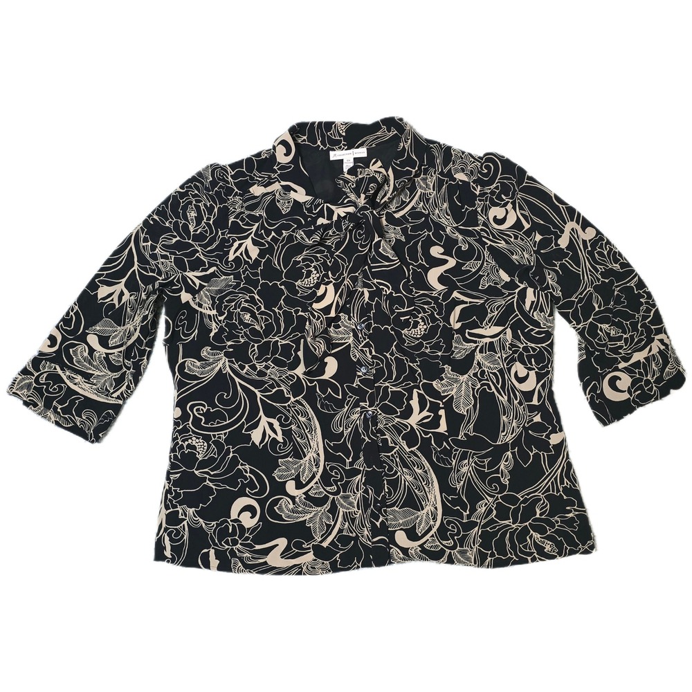 JM Collection Woman Floral Print Tie Neck‎ 3/4 Sleeve Blouse Top Black 18W (K)